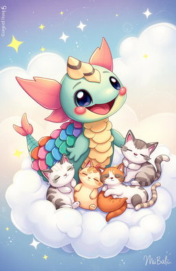 A whimsical illustration of a magical creature called Sauribalic, featuring striking, colorful scales and an imaginative, playful design