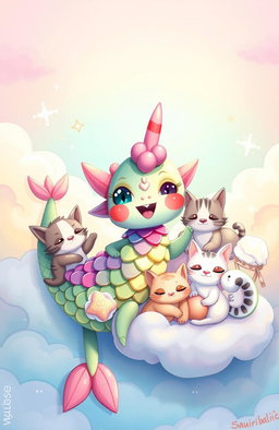 A whimsical illustration of a magical creature called Sauribalic, featuring striking, colorful scales and an imaginative, playful design