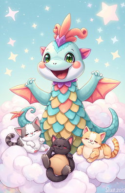 A whimsical illustration of a magical creature called Sauribalic, featuring striking, colorful scales and an imaginative, playful design
