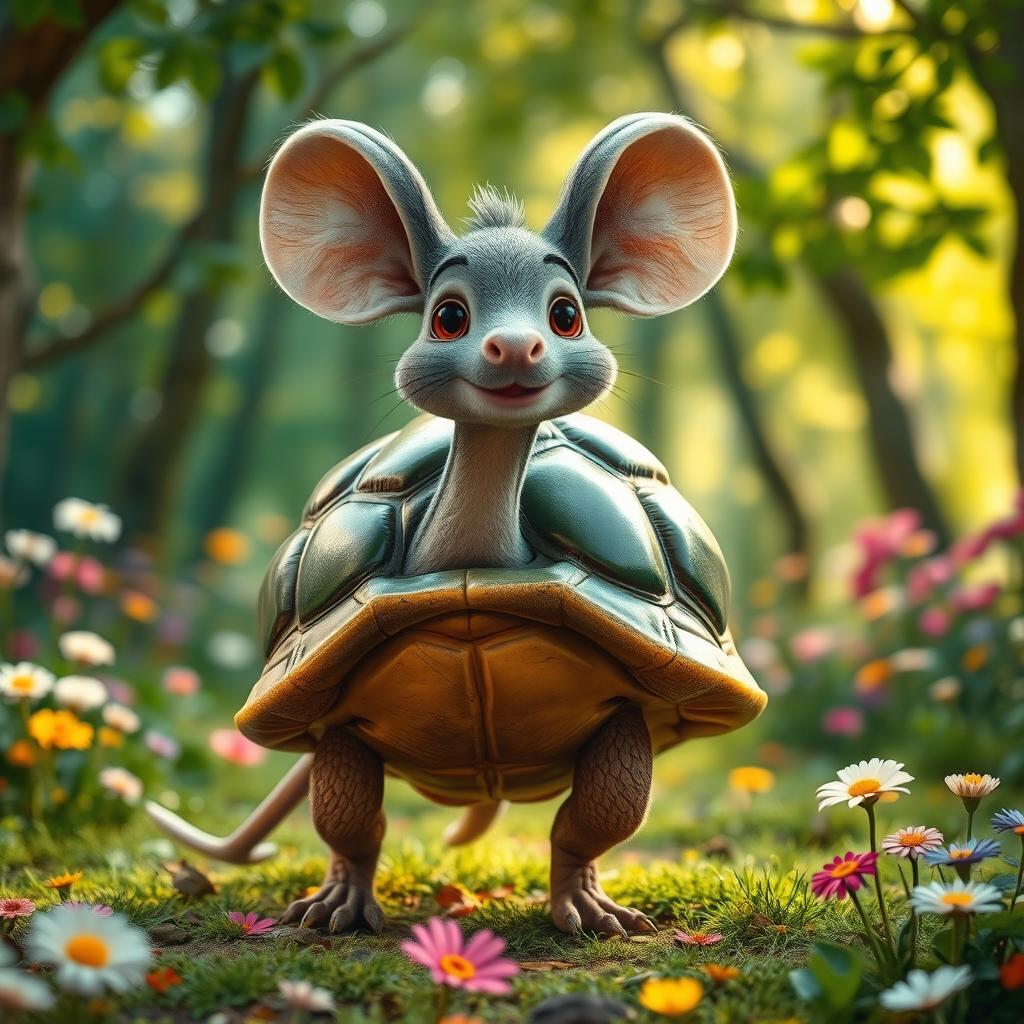 A whimsical creature that is a combination of a mouse, a turtle, and a donkey