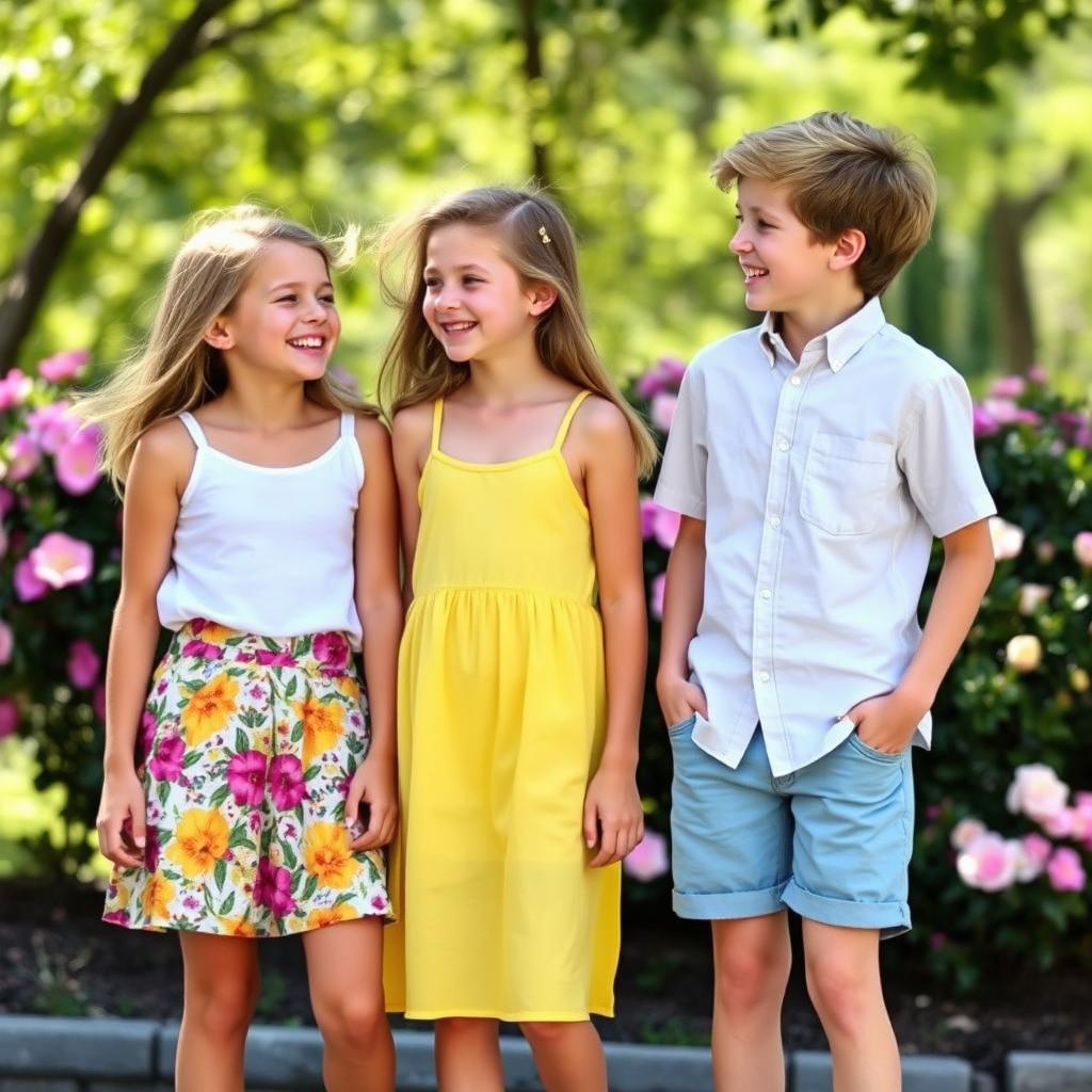 A vibrant, cheerful outdoor scene featuring two girls and a boy, all dressed in stylish summer outfits without jeans