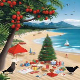 A typical New Zealand Christmas scene showing a festive beach with a Christmas tree erected on the sand, presents under the tree, a kiwi bird with a Santa hat, families enjoying a barbeque, and Pohutukawa trees in full bloom.