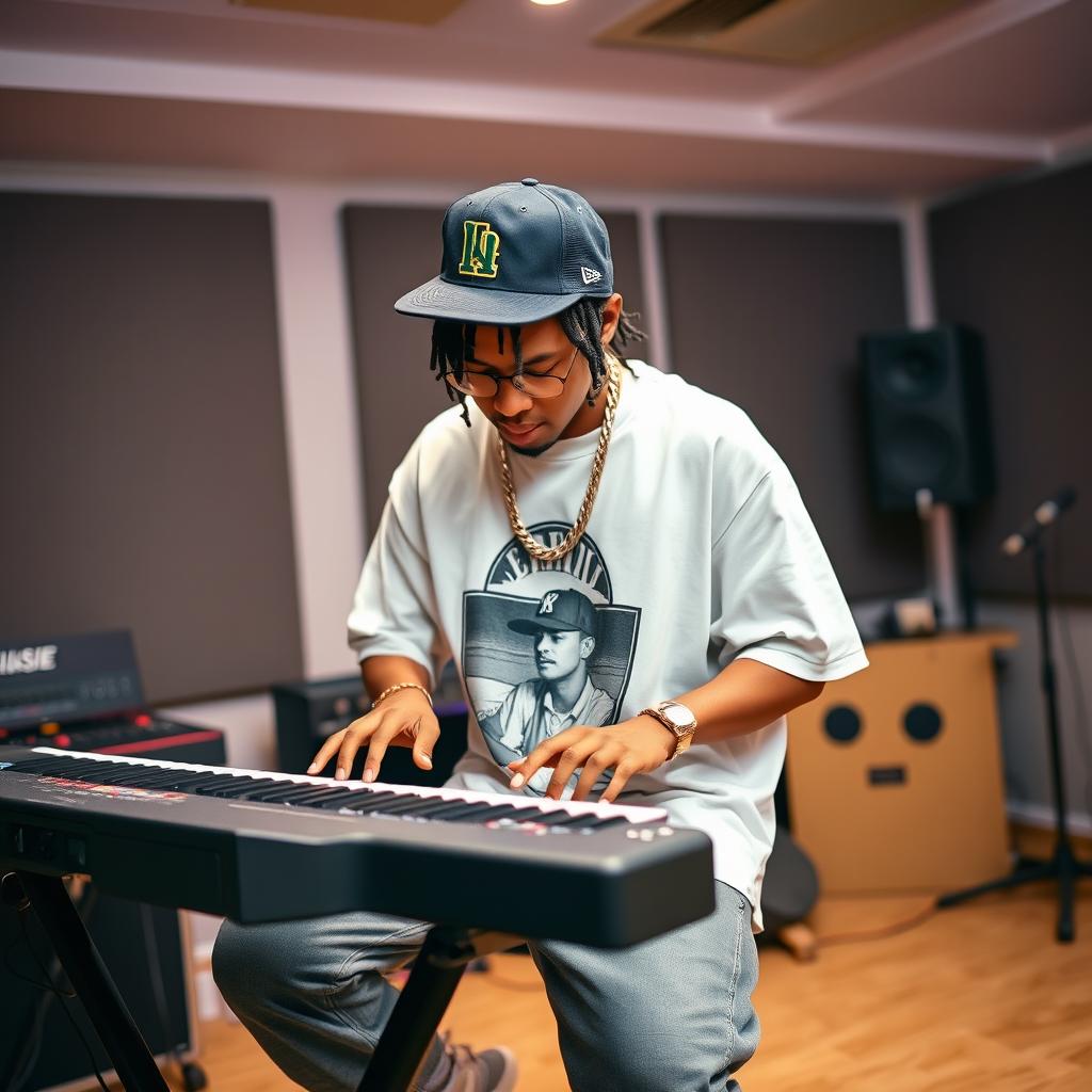 A vibrant image of a 25-year-old young man dressed in hip-hop attire, passionately playing a keyboard