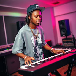 A vibrant image of a 25-year-old young man dressed in hip-hop attire, passionately playing a keyboard