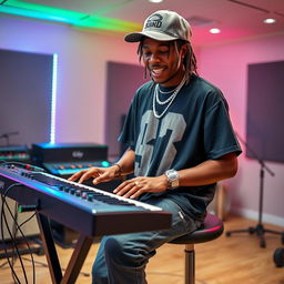 A vibrant image of a 25-year-old young man dressed in hip-hop attire, passionately playing a keyboard