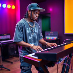 A vibrant image of a 25-year-old young man dressed in hip-hop attire, passionately playing a keyboard