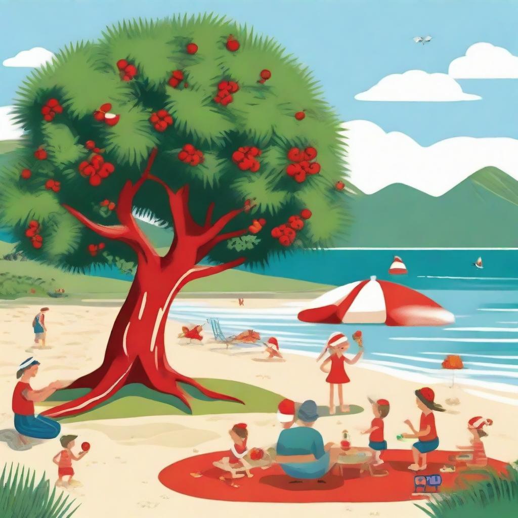 A distinctive New Zealand Christmas scene with a decorated Pohutukawa tree on a sunny beach, families enjoying a holiday barbeque, children playing cricket, and a cheerful Kiwi bird wearing a Santa hat.