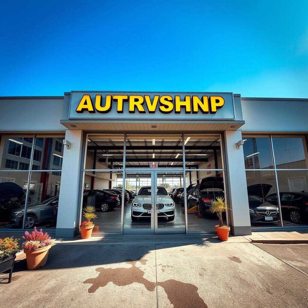 A detailed front view of an automobile workshop, showcasing large glass windows that reveal the busy interior filled with various cars being worked on by mechanics