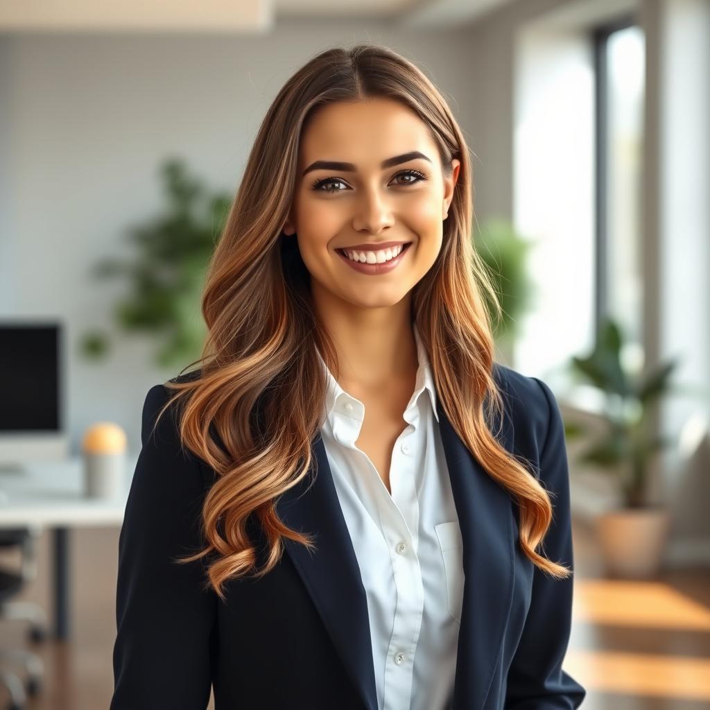 A professional LinkedIn profile picture featuring a confident young woman with long wavy brown hair, wearing a tailored navy blazer over a crisp white shirt, standing in a bright, well-lit office environment