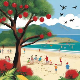 A distinctive New Zealand Christmas scene with a decorated Pohutukawa tree on a sunny beach, families enjoying a holiday barbeque, children playing cricket, and a cheerful Kiwi bird wearing a Santa hat.