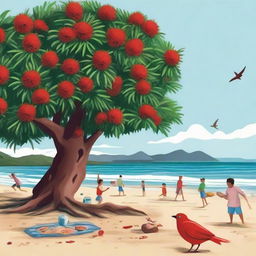 A distinctive New Zealand Christmas scene with a decorated Pohutukawa tree on a sunny beach, families enjoying a holiday barbeque, children playing cricket, and a cheerful Kiwi bird wearing a Santa hat.