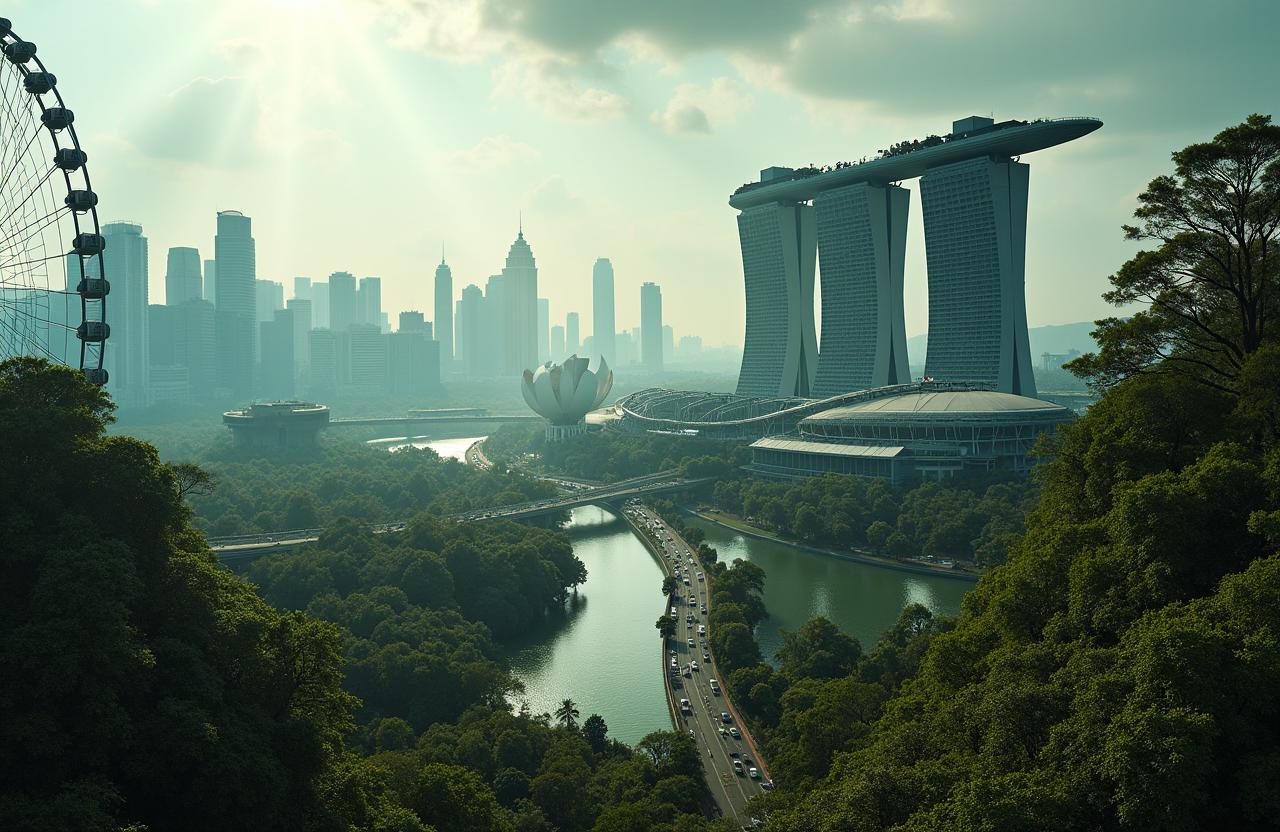 A captivating panoramic view of Singapore in a post-apocalyptic world, where the iconic skyline is partially submerged in a mixture of overgrown vegetation and rising waters