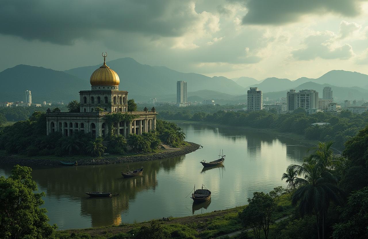 A striking panoramic view of Brunei Darussalam in a post-apocalyptic world, featuring the iconic Sultan Omar Ali Saifuddien Mosque partially overrun by nature