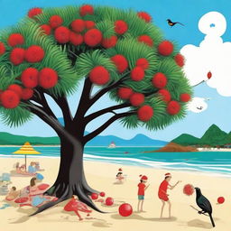 A distinctive New Zealand Christmas scene with a decorated Pohutukawa tree on a sunny beach, families enjoying a holiday barbeque, children playing cricket, and a cheerful Kiwi bird wearing a Santa hat.