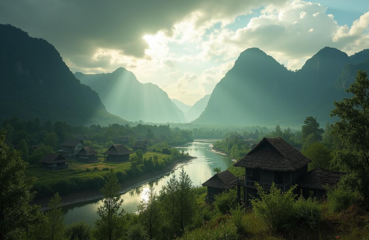 A captivating panoramic view of Laos in a post-apocalyptic world, where the stunning landscapes of the countryside are juxtaposed with signs of decay