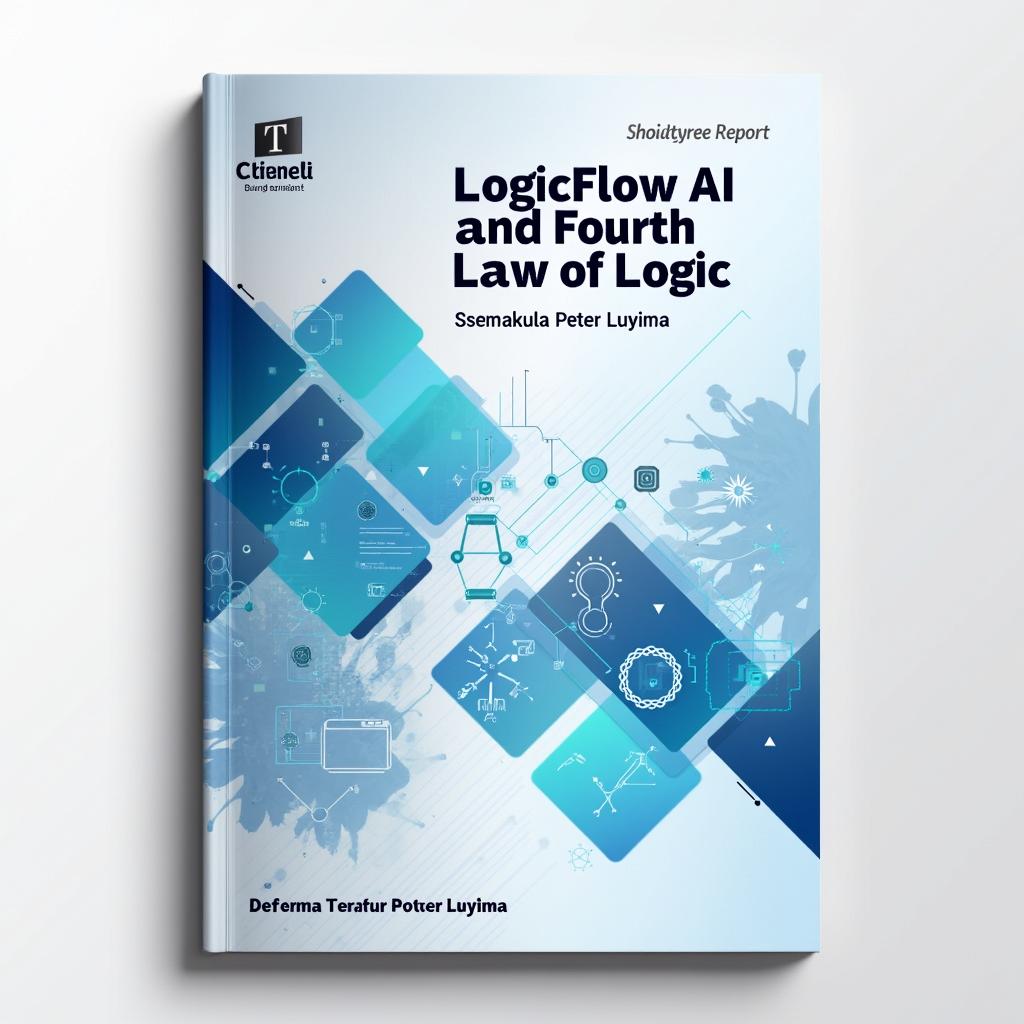 A visually striking and well-organized scientific report cover design titled 'LogicFlow AI and Fourth Law of Logic', authored by Ssemakula Peter Luyima
