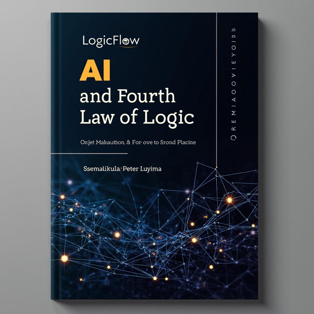 A visually engaging scientific report cover design titled 'LogicFlow AI and Fourth Law of Logic', authored by Ssemakula Peter Luyima