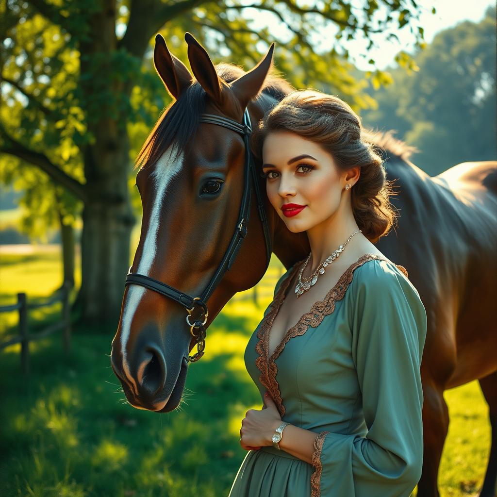 A refined old money girl elegantly dressed in vintage fashion, standing gracefully next to a majestic horse in a lush countryside setting