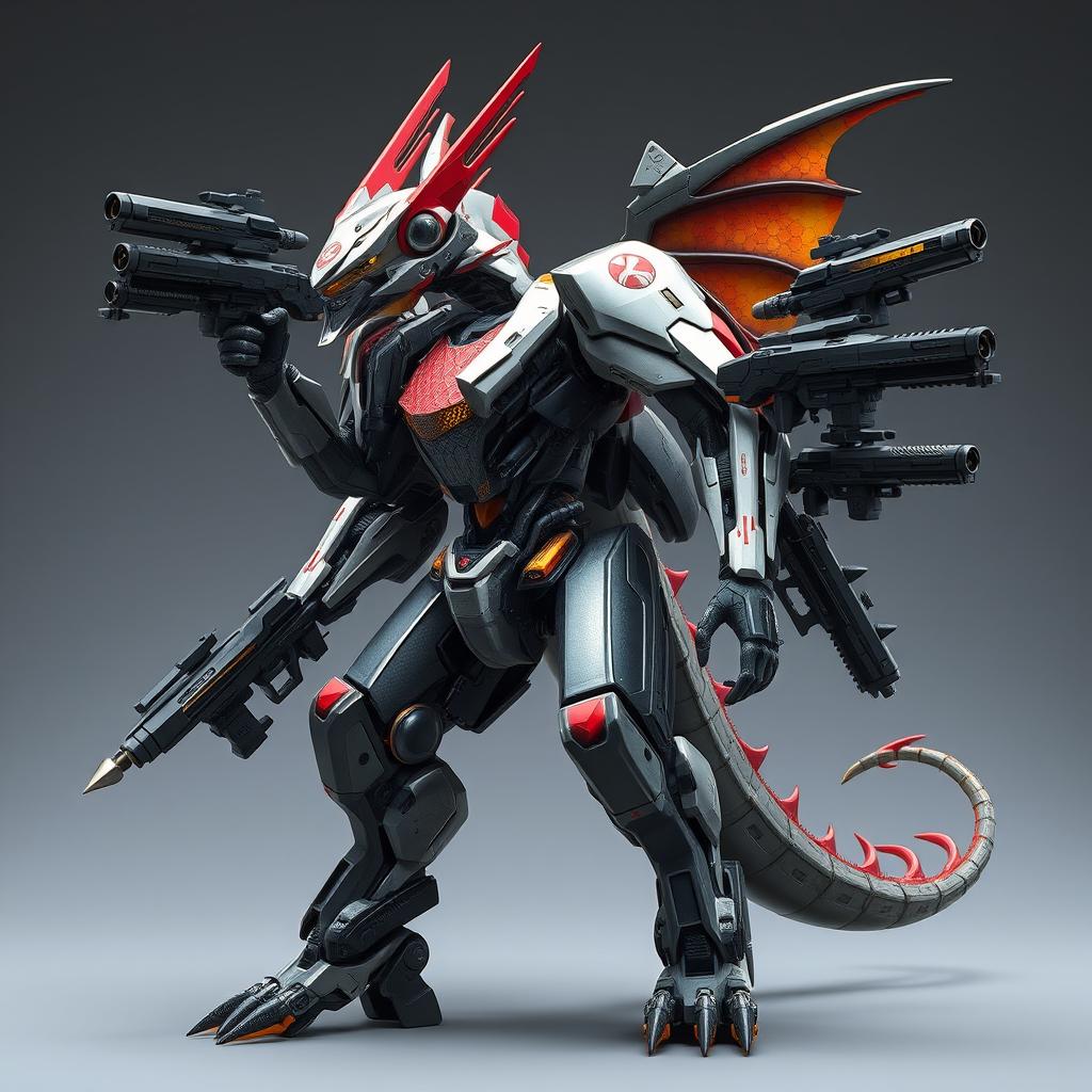 A humanoid mech with characteristics of dragonkin, featuring a sleek and powerful design amalgamating dragon-like features such as scales and wings while being heavily armored