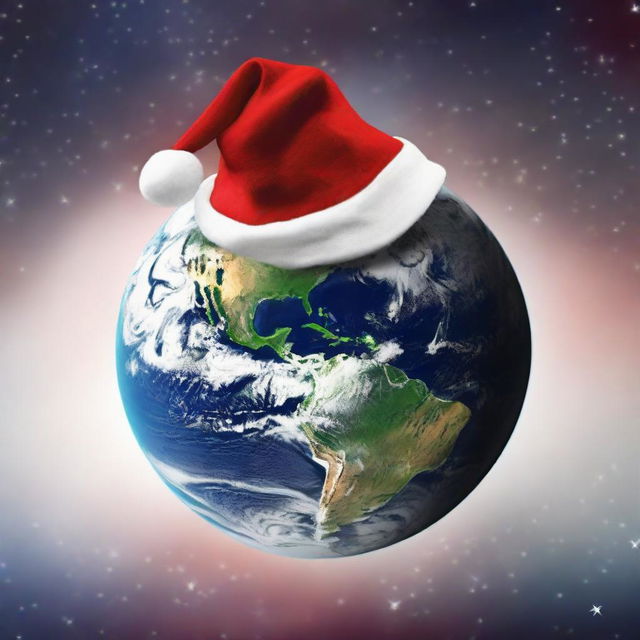 A creative rendition of planet Earth viewed from space, adorned with a jolly oversized red and white Santa hat.