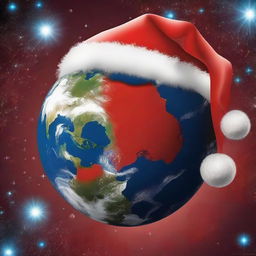 A creative rendition of planet Earth viewed from space, adorned with a jolly oversized red and white Santa hat.