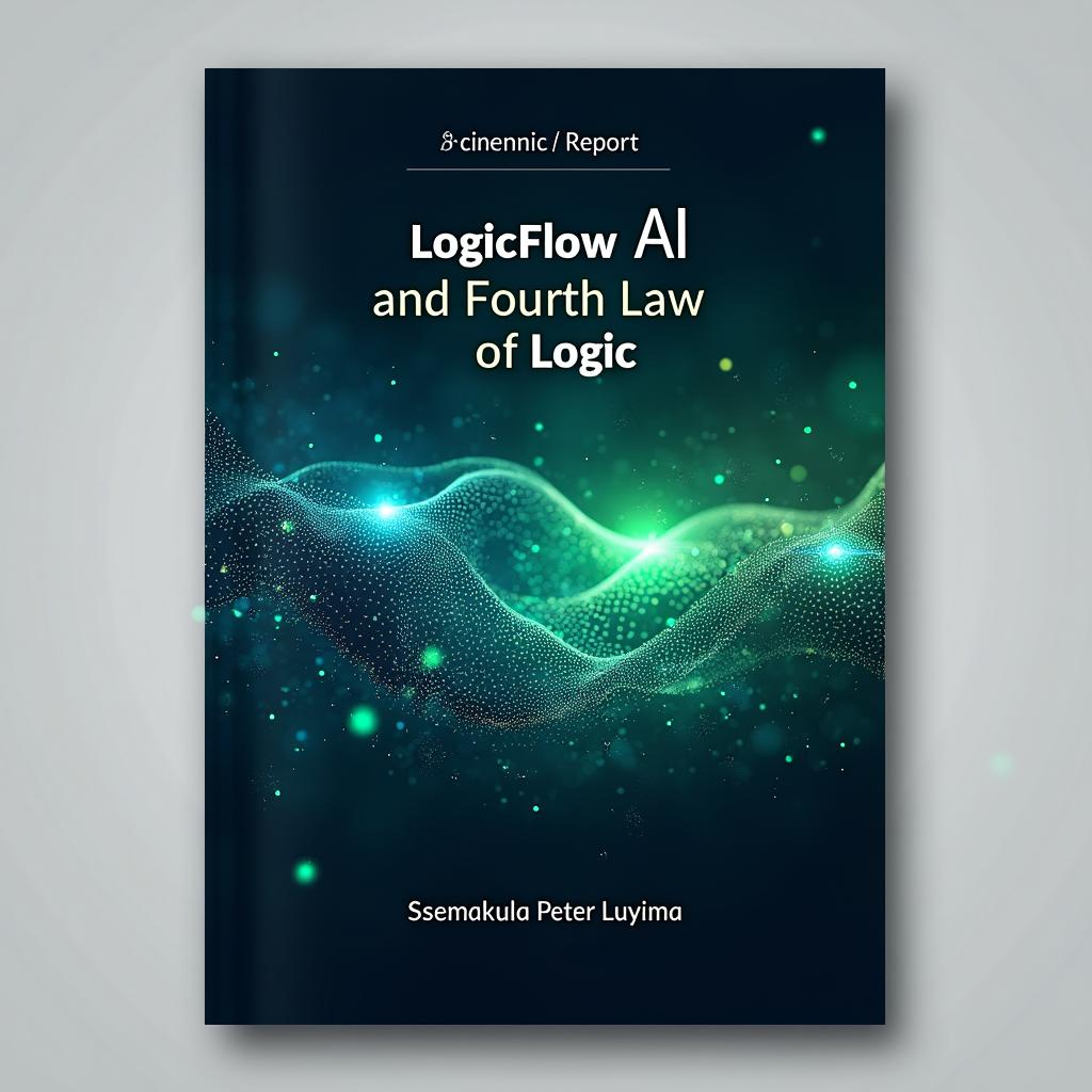 An innovative and visually appealing cover design for a scientific report titled 'LogicFlow AI and Fourth Law of Logic', authored by Ssemakula Peter Luyima