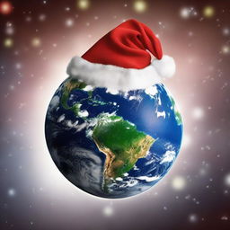 A creative rendition of planet Earth viewed from space, adorned with a jolly oversized red and white Santa hat.