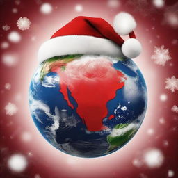 A creative rendition of planet Earth viewed from space, adorned with a jolly oversized red and white Santa hat.