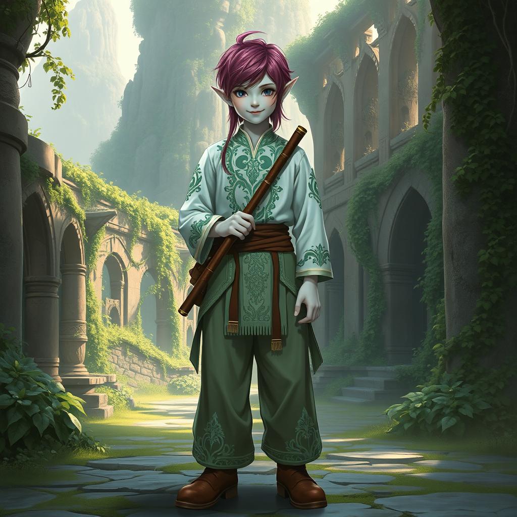 A full-body fantasy art depiction of a young male elven kensai with pointy ears and dark pink hair