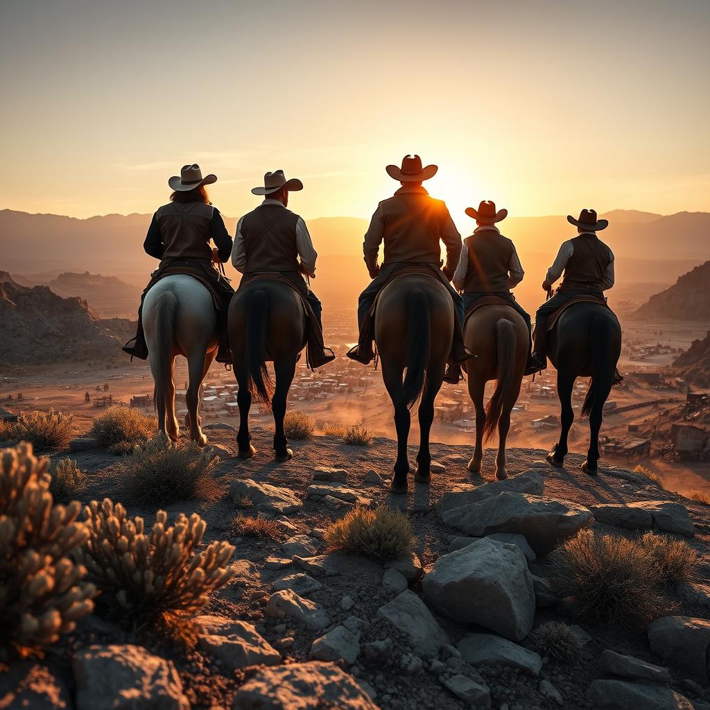 A cinematic shot of five rugged cowboys on horseback, standing majestically on a rocky overlook, gazing down at a sprawling mining town nestled in the valley below