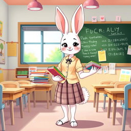 A full-body illustration of a rabbit girl teacher in a vibrant classroom setting
