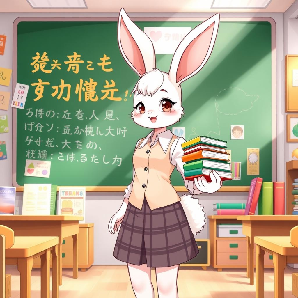 Charming Rabbit Girl Teacher Illustration in a Vibrant Classroom