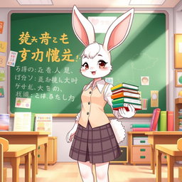 A full-body illustration of a rabbit girl teacher in a vibrant classroom setting