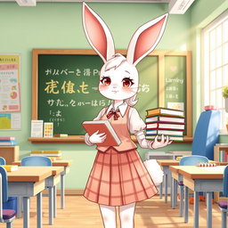 A full-body illustration of a rabbit girl teacher in a vibrant classroom setting