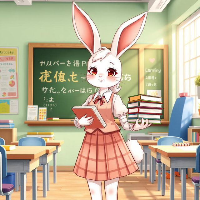 A full-body illustration of a rabbit girl teacher in a vibrant classroom setting