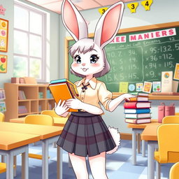 A full-body illustration of a rabbit girl teacher in a vibrant classroom setting