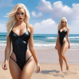 A hyper-realistic digital painting featuring a beautiful blonde woman on the beach, dressed in a micro bikini