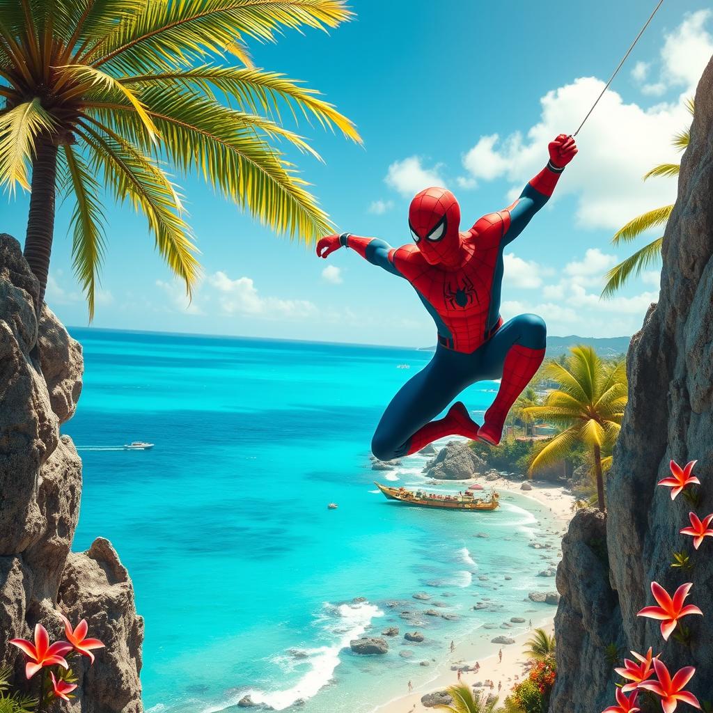 A dynamic scene featuring Spider-Man swinging through the beautiful landscapes of Saipan