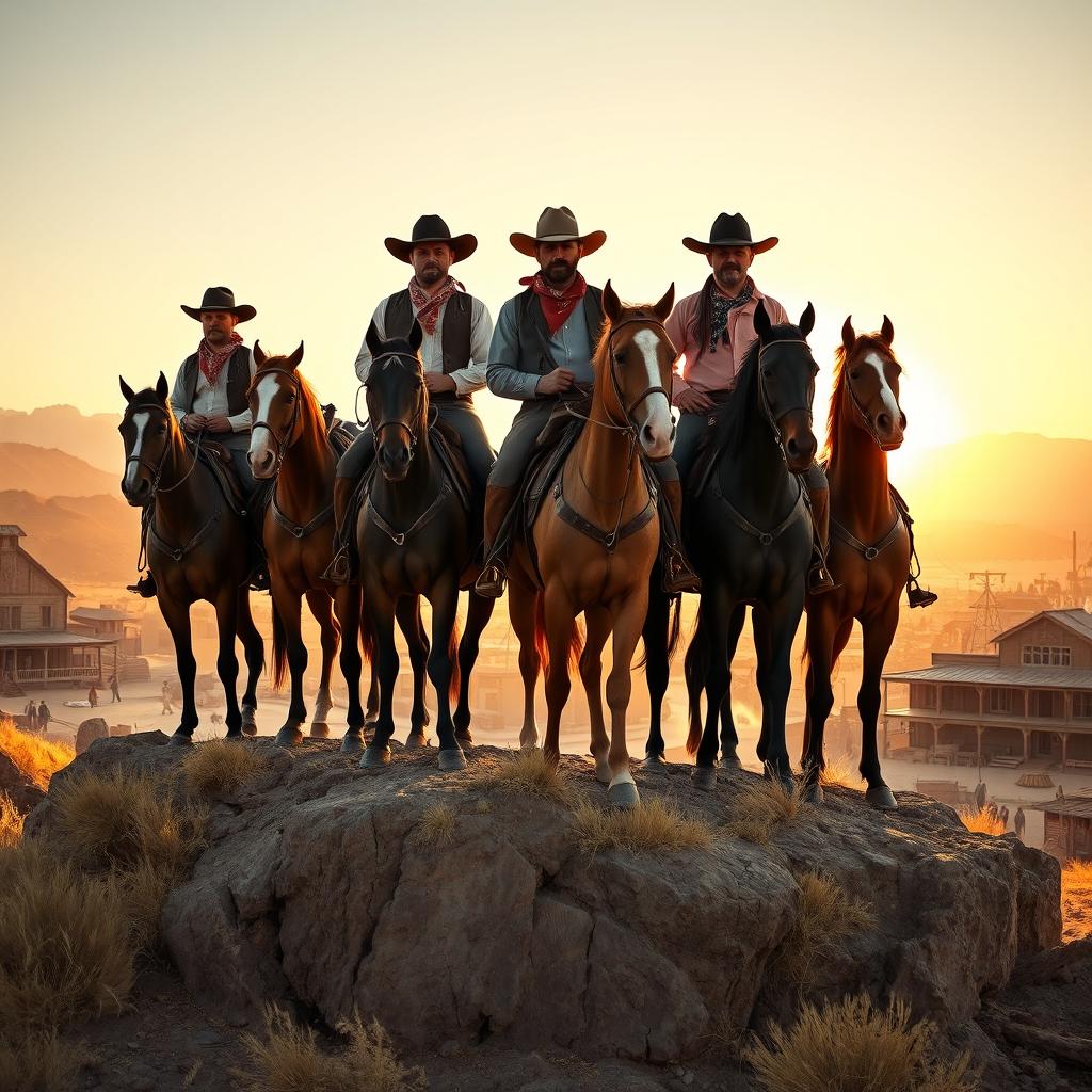 A cinematic shot of five determined cowboys on horseback, standing proudly on a rocky outcrop, overlooking a dusty mining town below