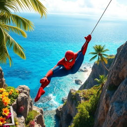 A dynamic scene featuring Spider-Man swinging through the beautiful landscapes of Saipan