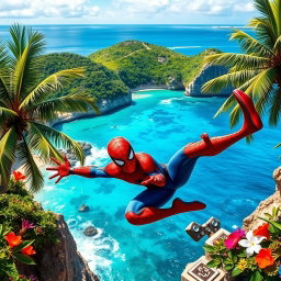 A dynamic scene featuring Spider-Man swinging through the beautiful landscapes of Saipan