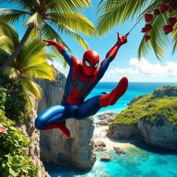 A dynamic scene featuring Spider-Man swinging through the beautiful landscapes of Saipan