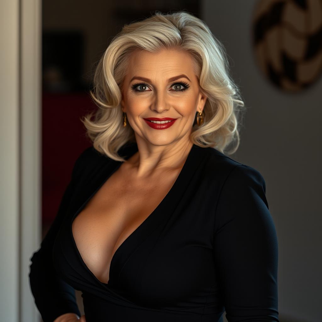 A beautiful 60-year-old woman with a bold and confident aura, staring directly at the camera in a sensual and inviting pose
