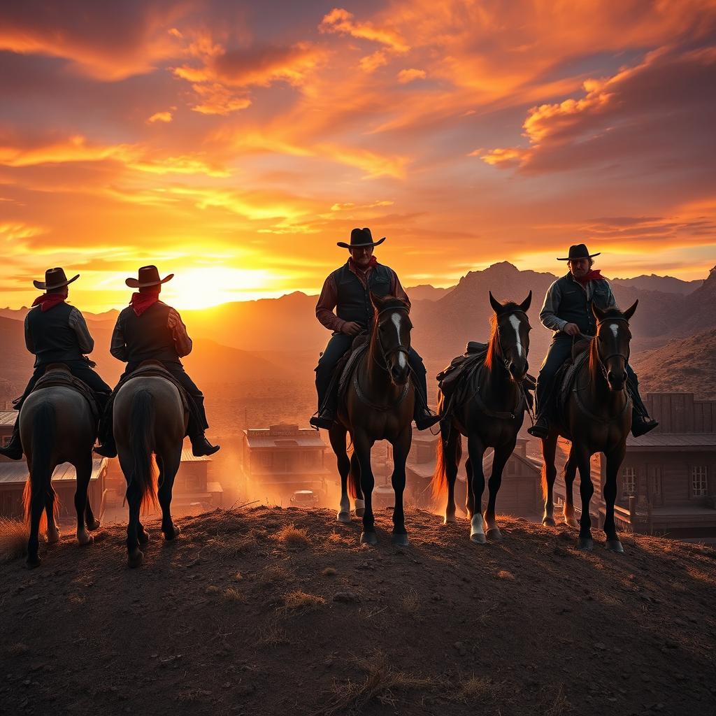 A cinematic shot of five rugged cowboys on their majestic horses, overlooking a dusty mining town nestled in a valley