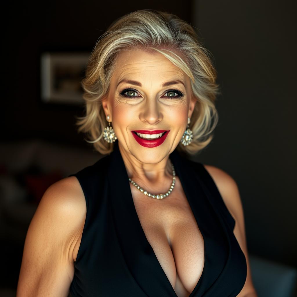 A beautiful 60-year-old woman with a bold and confident expression, facing the camera head-on in a sensual pose