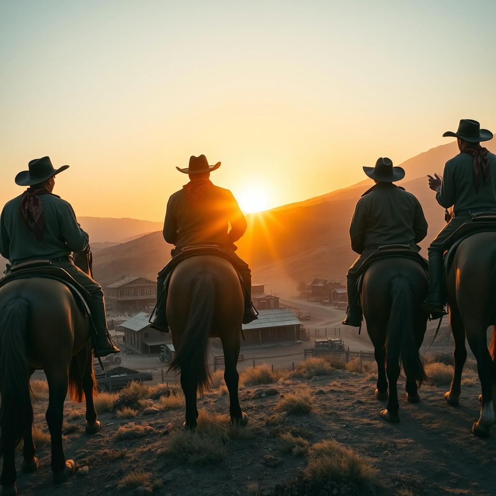 A cinematic shot of five cowboys on horseback, each wearing classic cowboy attire like hats, boots, and bandanas