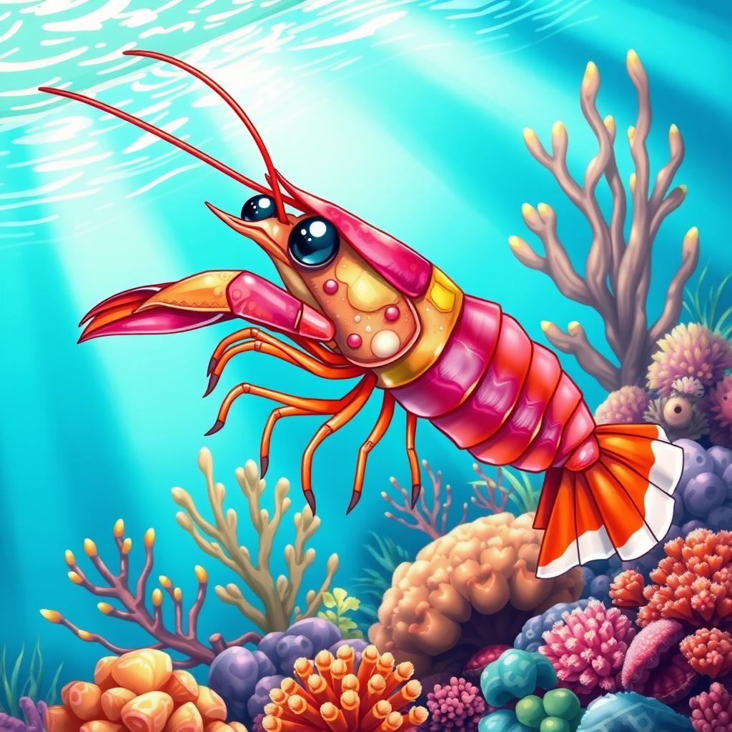 A detailed illustration of a vibrant, colorful shrimp, elegantly swimming in an aquatic environment