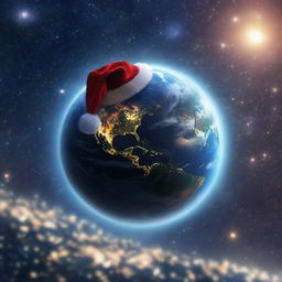 A creative night-time depiction of planet Earth viewed from space, glowing with city lights, wearing a glowing Santa hat against the backdrop of the star-filled cosmos.