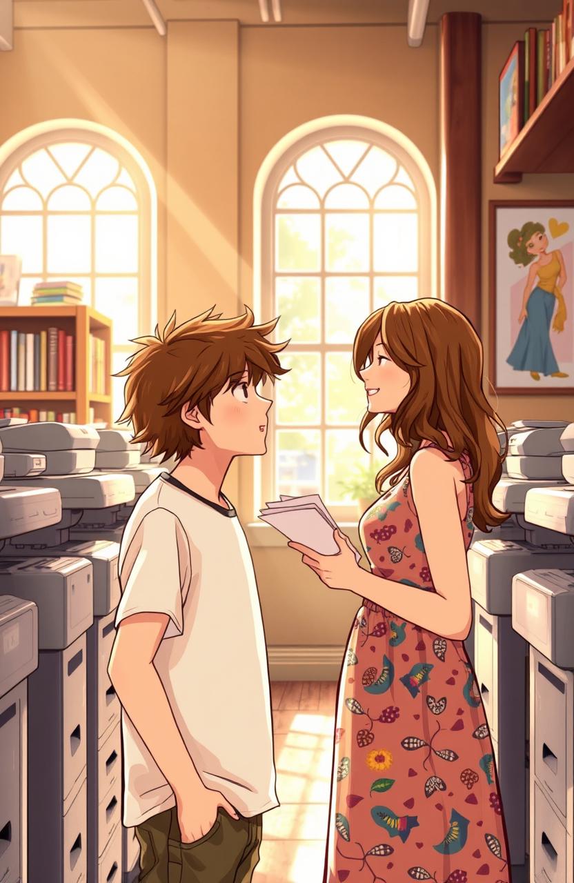 A romantic scene depicting a boy and a girl meeting in a quaint photocopy shop