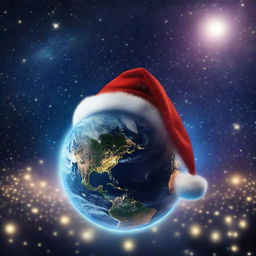 A creative night-time depiction of planet Earth viewed from space, glowing with city lights, wearing a glowing Santa hat against the backdrop of the star-filled cosmos.